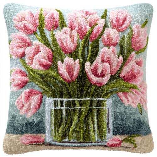VwrxnchCoatx Knüpfteppich Zum Selber Knüpf-Sets Mit Kissen Knüpfen-Set 43X43Cm Kissenbezug-Set Für Erwachsene Und Kinder Latch Hook Kit Heimaccessoire（Tulpenblüten） von VwrxnchCoatx