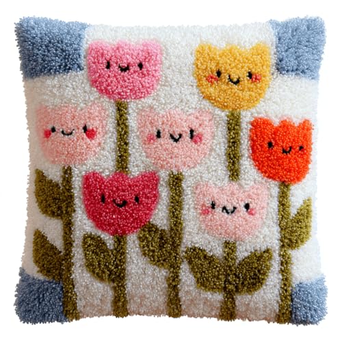 VwrxnchCoatx Knüpfteppich Zum Selber Knüpf-Sets Mit Kissen Knüpfen-Set 43X43Cm Kissenbezug-Set Für Erwachsene Und Kinder Latch Hook Kit Heimaccessoire（Tulpenblüten） von VwrxnchCoatx