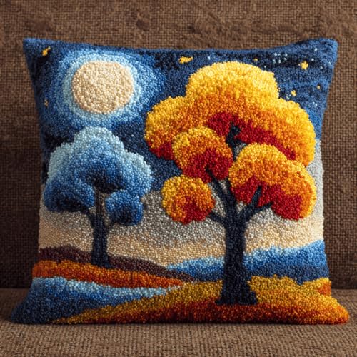 VwrxnchCoatx Knüpfteppich Zum Selber Knüpf-Sets Mit Kissen Knüpfen-Set 43X43Cm Kissenbezug-Set Für Erwachsene Und Kinder Latch Hook Kit Heimaccessoire（Vier-Jahreszeiten-Baum） von VwrxnchCoatx