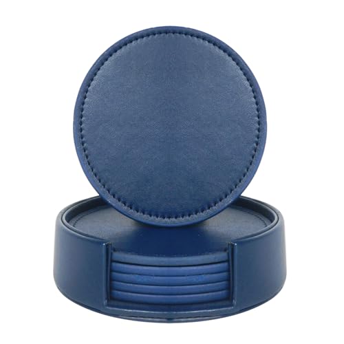 Vxcbad Leder Glas Untersetzer-Set 6 Untersetzer Plus Halter für zu Hause und Bürogebrauch Größen passen zu herkömmlichen Gläsern (Dunkelblau) von Vxcbad