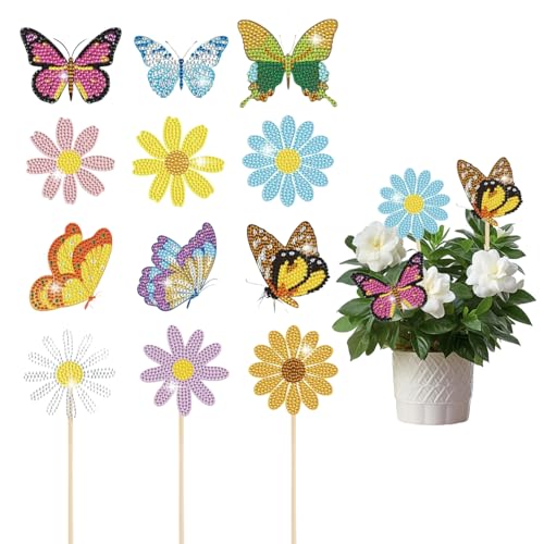 Vxcvzv Diamond Painting Bastelset,12 Stück Schmetterling Blumen Kinder und Erwachsene DIY Basteln für Garten Balkon Deko,Geschenk für Mädchen Und Erwachsene von Vxcvzv
