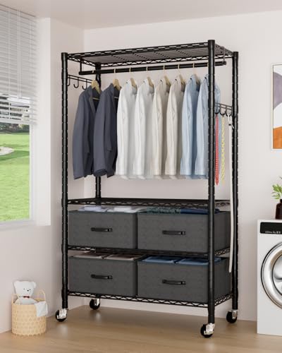 VyGrow Kleiderständer, robuster Kleiderständer zum Aufhängen von Kleidung, verstellbarer 4-stufiger Schrank-Organizer mit 4 Schubladen | Kleiderstange | seitliche Haken | Tragkraft 201 kg von VyGrow