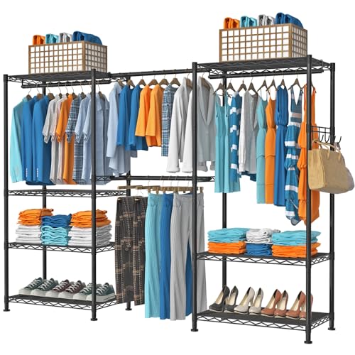 VyGrow Schwerlast Kleiderstände zum Aufhängen von Kleidung, Kleiderständer mit 4 Aufhängestangen & 7 Regalen, 175 cm Lx39.9 cm Bx194.1 cm H, Schwarz von VyGrow