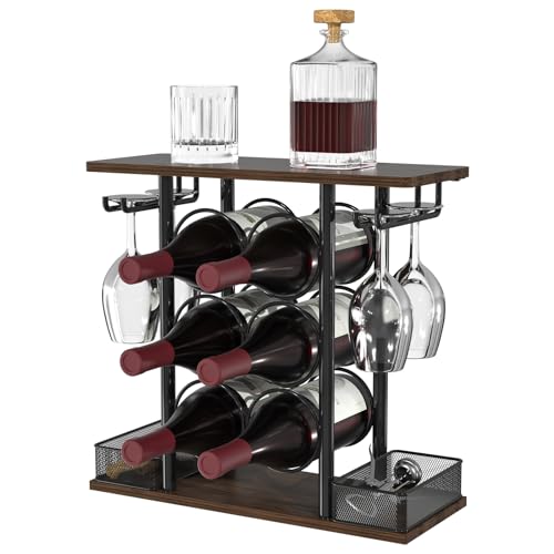 VyGrow Weinregal, stabiler Weinhalter, 3 Etagen, Weinflaschenhalter aus Holz, einfache Montage, Weinregale für 6 Flaschen und 4 Gläser für Küchentheke, 16 cm T x 41 cm B x 40,2 cm H von VyGrow