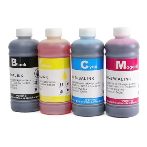 500ml Universal Dye Tinte Nachfüllung, kompatibel mit T0731 T0921 T1281 T1381 T1291 T1301 T1411 T2521 T2711 T1881 1261 Druckerpatronenpatronen(500 ml Farbstoffink-4-Color) von Vyawnqe