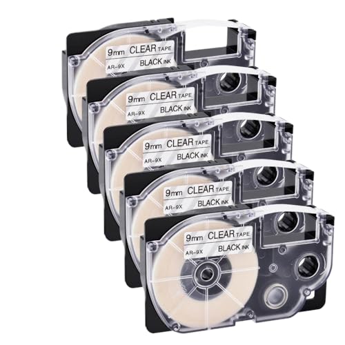 5pk schwarz auf Clear 9mm x 8m kompatible Etikettenrolle für AR-9x-Standard-Labels funktioniert mit KL-60 KL-120 KL-HD1 KL-P350W KL-430-Label-Drucker von Vyawnqe