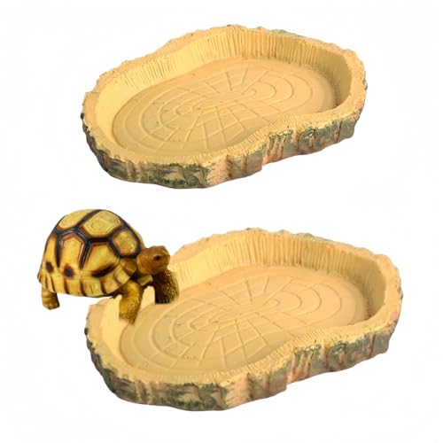 Vyloky 2er Set Reptilien Wasserschale Futter Napf aus Rinde Design, Gelb, 11x8cm für Terrarium Deko für Gecko, Schlange, Frosch, Spinne von Vyloky