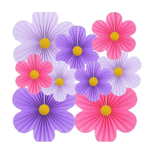 Vyloky Blumen Papierfächer Deko-Set mit 9 Wabenkugeln Raumdeko für Hochzeit Geburtstag Gartenfest Teestunde Fasching Tischdeko Wanddeko Klassenzimmer Partydeko Festdekoration (Lila) von Vyloky