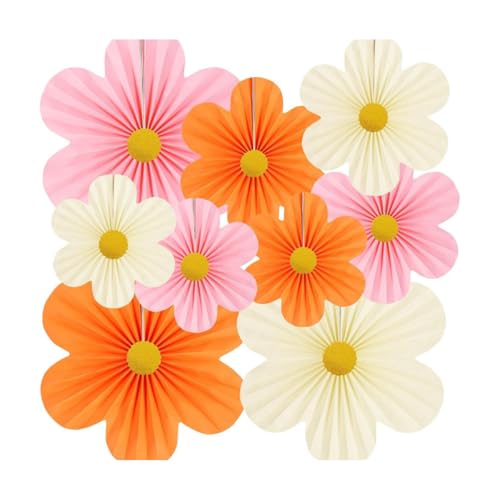 Vyloky Blumen Papierfächer Deko-Set mit 9 Wabenkugeln Raumdeko für Hochzeit Geburtstag Gartenfest Teestunde Fasching Tischdeko Wanddeko Klassenzimmer Partydeko Festdekoration (Orange) von Vyloky