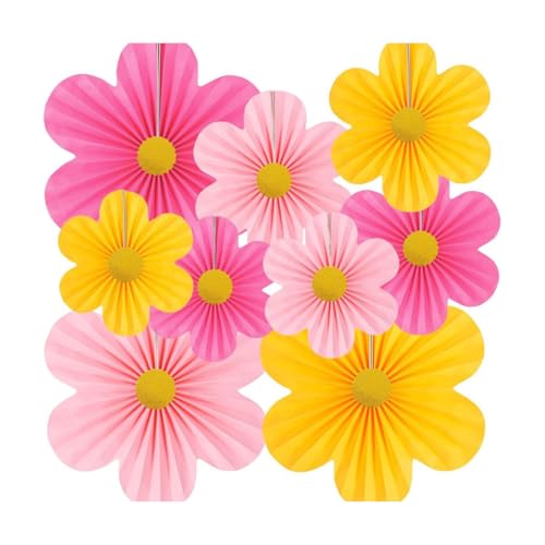 Vyloky Blumen Papierfächer Deko-Set mit 9 Wabenkugeln Raumdeko für Hochzeit Geburtstag Gartenfest Teestunde Fasching Tischdeko Wanddeko Klassenzimmer Partydeko Festdekoration (Rosa) von Vyloky