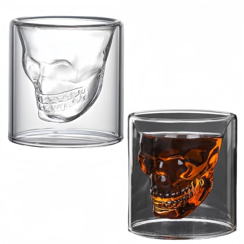 Vyloky Doppelwandige Glas Tasse mit Totenkopf Design - Kreative Cocktail Glas für Party, Bar, Cafe (2er Set, 4 Größen) (250ml 2er Set) von Vyloky