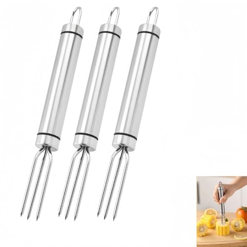 Vyloky Edelstahl Maisgriller 2er oder 3er Set Maisspieß Grillzubehör für Maiskolben Camping Küche BBQ Grillgabel (Edelstahl Maisnadel 3er) von Vyloky