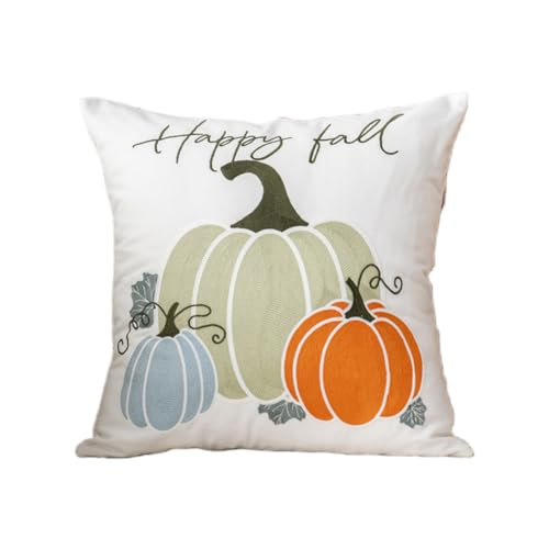 Vyloky Kissenbezug Herbstdeko Canvas mit Stickerei Halloween Kürbis Design Baumwolle Sofakissen Wohnkissen 44x44cm für Wohnzimmer Schlafzimmer (DREI Kürbisse) von Vyloky