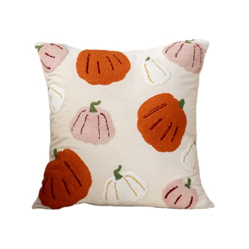 Vyloky Kissenbezug Herbstdeko Canvas mit Stickerei Halloween Kürbis Design Baumwolle Sofakissen Wohnkissen 44x44cm für Wohnzimmer Schlafzimmer (Kürbisse in DREI Farben) von Vyloky