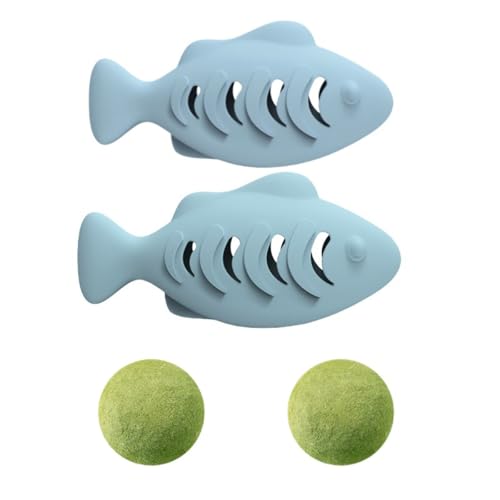 Vyloky Silikon-Fisch für Katzen (2er-Set) mit Minzkugel | gegen Depressionen und Haarballen | 2-in-1 zur Selbstreinigung der Mundhöhle (Blau 2er-Set) von Vyloky