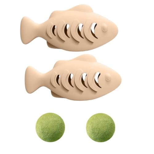 Vyloky Silikon-Fisch für Katzen (2er-Set) mit Minzkugel | gegen Depressionen und Haarballen | 2-in-1 zur Selbstreinigung der Mundhöhle (beige 2er-Set) von Vyloky
