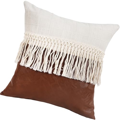 Vynetra 1.PU Leder Patchwork Kissenbezug mit Quasten Verdeckte Reißverschlüsse Knitterfrei Kissenbezug für Sofa Schlafzimmer Dekor Kissenbezüge von Vynetra