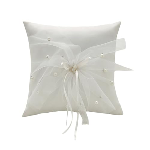 Vynetra Handgefertigtes Perlen-Tüll-Ring-Kissen für Hochzeiten mit Spitzenapplikationen und Schleifen-Dekoration, Polyester-Halter, handgefertigte Perlen, Hochzeitskissen Vynetra Handgefertigtes Perlen-Tüll-Ring-Kissen für Hochzeiten mit Spitzenapplikationen und Schleifen-Dekoration, Polyester-Halter, handgefertigte Perlen, Hochzeitskissen von Vynetra