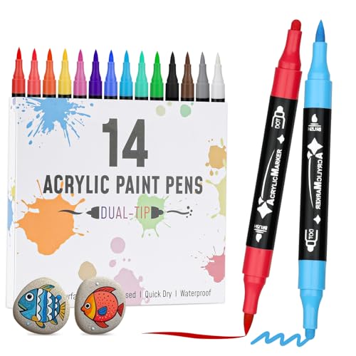 VynyQoo 14 Farben Acrylstifte Set, Acryl Stifte Steine Wasserfest, Acrylic Marker mit 0.5cm Doppelspitze, Acrylfarben Stifte für Holz Glas Stoff, Steine Bemalen Stifte für DIY Ostern Basteln Kinder VynyQoo 14 Farben Acrylstifte Set, Acryl Stifte Steine Wasserfest, Acrylic Marker mit 0.5cm Doppelspitze, Acrylfarben Stifte für Holz Glas Stoff, Steine Bemalen Stifte für DIY Ostern Basteln Kinder von VynyQoo