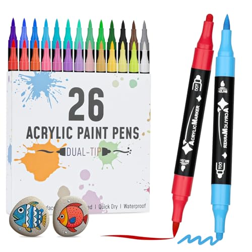 VynyQoo 26 Farben Acrylstifte Set, Acryl Stifte Steine Wasserfest, Acrylic Marker mit 0.5cm Doppelspitze, Acrylfarben Stifte für Holz Glas Stoff, Steine Bemalen Stifte für DIY Ostern Basteln Kinder VynyQoo 26 Farben Acrylstifte Set, Acryl Stifte Steine Wasserfest, Acrylic Marker mit 0.5cm Doppelspitze, Acrylfarben Stifte für Holz Glas Stoff, Steine Bemalen Stifte für DIY Ostern Basteln Kinder von VynyQoo