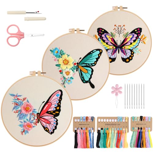 VynyQoo 3pcs Schmetterling Sticken Set Erwachsene, Stickset für Anfänger, Embroidery Kit mit Kunststoff Stickrahmen, Stickerei Starter Set mit 3 Schmetterlingsmuster Video Anleitung für DIY Handwerk VynyQoo 3pcs Schmetterling Sticken Set Erwachsene, Stickset für Anfänger, Embroidery Kit mit Kunststoff Stickrahmen, Stickerei Starter Set mit 3 Schmetterlingsmuster Video Anleitung für DIY Handwerk von VynyQoo