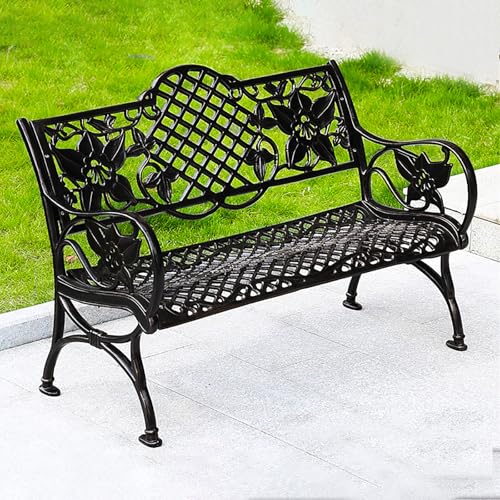 Vzhrvd Metallbank, Gartensitzbank, Verandabank, Hofbank mit Floral Verzierter Rückenlehne und Filigranen Armlehnen – Ideal für Die Garten- und Terrassendekoration(Black) von Vzhrvd
