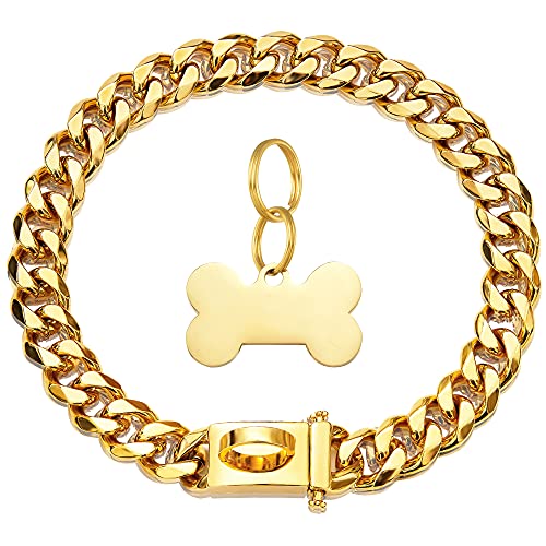 Goldenes Hundehalsband, Metallkette, mit Sicherheitsschnalle, 18 Karat kubanische Glieder, robust, kaufest, für kleine Hunde, amerikanischer Pitbull, Deutscher Schäferhund, 15 mm von W/W Lifetime