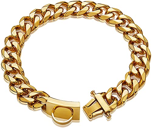 Goldenes Hundehalsband mit Metallkette, mit sicherem Design, 18 Karat vergoldetes kubanisches Glied, 19 mm dick, robust, kaufest, für kleine und mittelgroße Hunde (45,7 cm) von W/W Lifetime