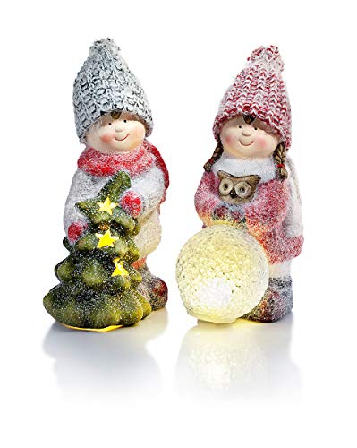 2er-Set Winterkinder Lina & Mats | Terrakotta-Figuren mit tollem LED-Leuchteffekt | Kugel aus EVA-Kunststoff und Tanne aus Terrakotta | liebevoll gestaltet mit dezentem Glitzer-Finish von W B