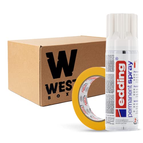 W West Boxx Premium Acryllack Spray 200 ml in Verkehrsweiß glänzend im Set mit Kreppband Gold 25mm x 50m Typ 521, für exakte Farbkanten von W West Boxx