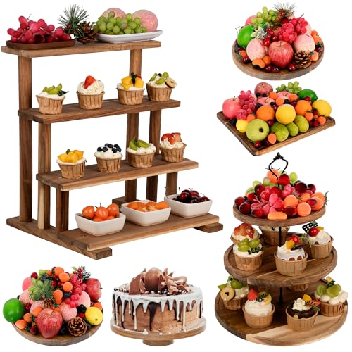 W&H 6 Stück Tortenständer Akazienholz Set, Holz Desserttisch Display Set, 1 Pcs 3 Reifen Cupcake Display steht, Cookies Dessert Display Teller und 5Pcs Dessert Tabletts für Party, Hochzeit, Tea Party von W&H