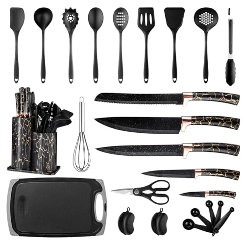 W&H Küchenmesser Set, 25 Stück Küchen Kochutensilien Set, Silikon Küchenutensilien mit 5 Teiligs Messersets und 1 Schere, Antihaft Kochset Küchenutensilien, Spülmaschinenfest - Schwarz von W&H