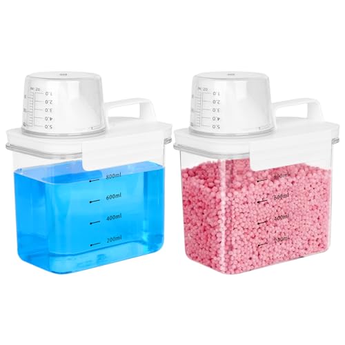 W&H 2 Stück Waschmittel Aufbewahrung Mit Messbecher, 1100ml Waschpulver Aufbewahrungsbox, Luftdichter Waschmittelspender, Waschmittelbox für WeichspüLer von W&H