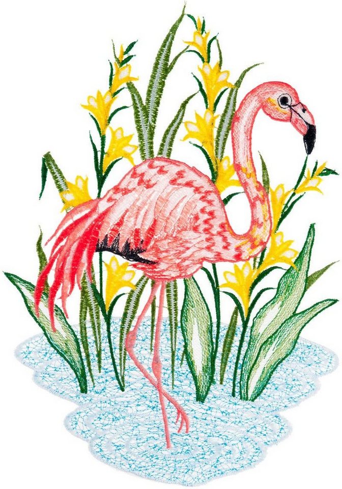 W. Reuter & Sohn - Plauener Spitze® Fensterbild Fensterbild Flamingo" farbig" von W. Reuter & Sohn - Plauener Spitze®