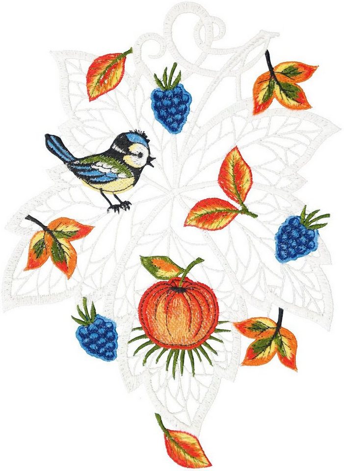 W. Reuter & Sohn - Plauener Spitze® Fensterbild Fensterbild Herbstblatt mit Vogel" farbig" von W. Reuter & Sohn - Plauener Spitze®