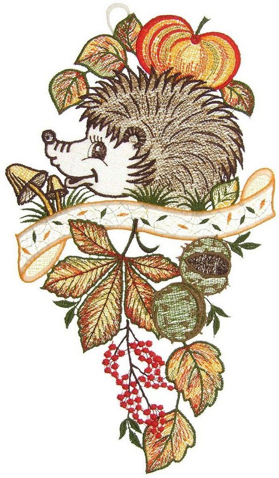 W. Reuter & Sohn - Plauener Spitze® Fensterbild Fensterbild "Herbstigel" farbig von W. Reuter & Sohn - Plauener Spitze®