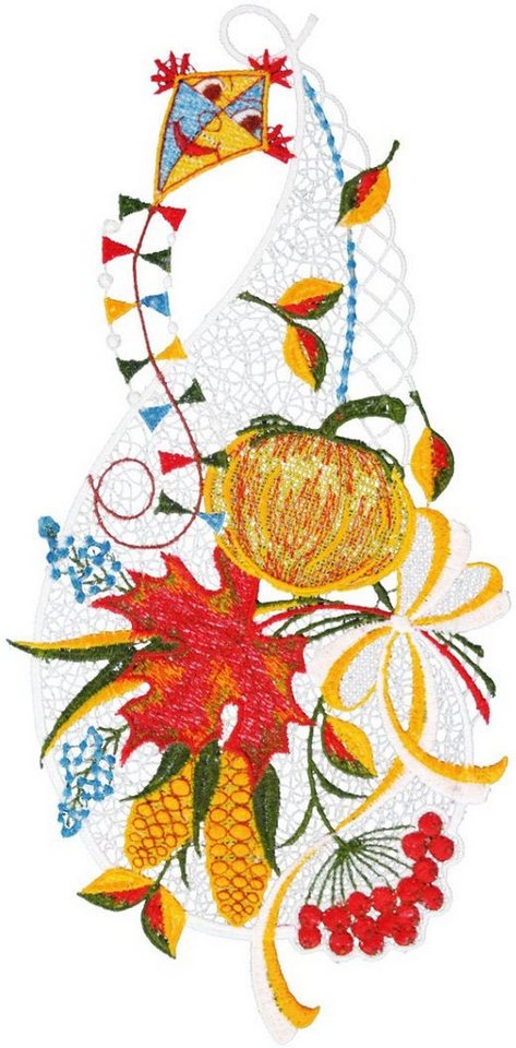 W. Reuter & Sohn - Plauener Spitze® Fensterbild Fensterbild "Kürbis mit Drachen" farbig von W. Reuter & Sohn - Plauener Spitze®