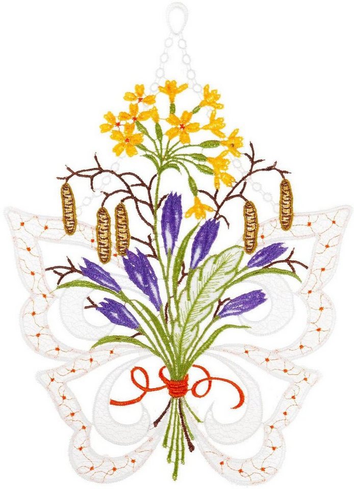 W. Reuter & Sohn - Plauener Spitze® Fensterbild Fensterbild Schmetterling mit Blumen" farbig" von W. Reuter & Sohn - Plauener Spitze®