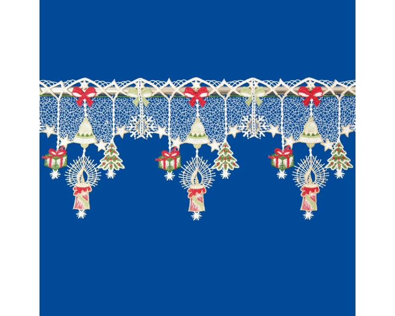 W. Reuter & Sohn - Plauener Spitze® Gardine Stangendeko "Fröhliche Weihnachten" Plauener Spitze, 48 cm / 3 Rapport, (3 St) von W. Reuter & Sohn - Plauener Spitze®