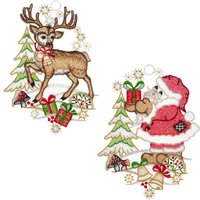 W. Reuter & Sohn - Plauener Spitze Fensterbild "Weihnachtsmann und Hirsch", Made in Germany von W. Reuter & Sohn - Plauener Spitze