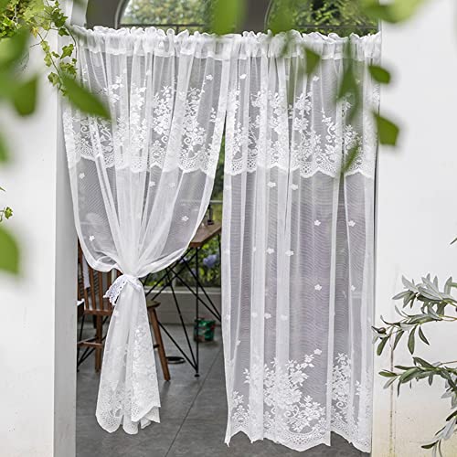 Weiße Spitze Vorhang für Cafe Küche,Floral Bestickt Halb Schiere Voile Vorhänge für Wohnzimmer Schlafzimmer Balkon, 2 Panels (Size : WxH 150x125cm/59x49inch) von W.H HOME