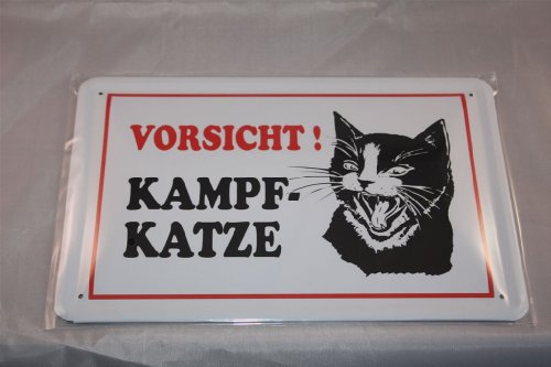 Vorsicht Kampfkatze Karrikatur Blechschild quer 20x30 cm Katze Cat Schild Sign von W