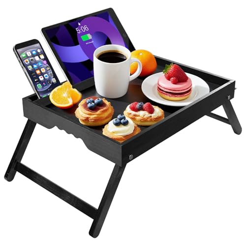 WAAYAA Bambus-Betttablett mit klappbaren Beinen, faltbarer Frühstückstisch mit abnehmbarem Medien-Schlitz, Laptop, Computer, Essen, Snack-Tablett – Schwarz von WAAYAA