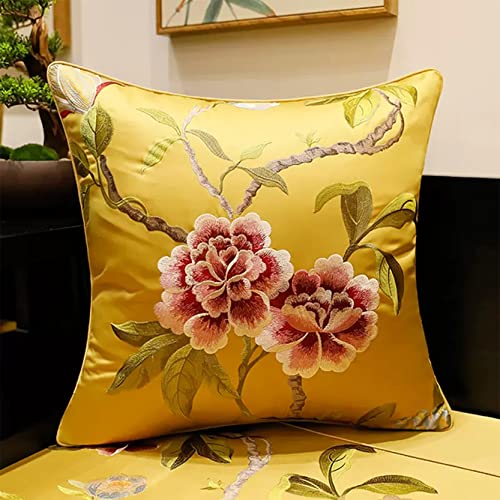 WABMJGW Bestickte Blumen Kissenbezüge, Set mit 2 Satin-Kissenbezügen, dekorative rechteckige/quadratische Kissenbezüge im chinesischen Stil für Wohnzimmer,Yellow-50x50cm von WABMJGW