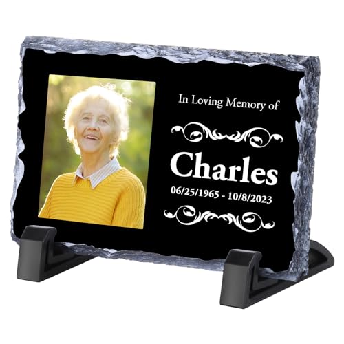 Personalisierte Gedenktafel, individueller Rahmen aus Schieferplatte mit Fototext, personalisierte Gedenkgeschenke für den Verlust eines geliebten Menschen, Friedhofsdekorationen für Grab von WACAR