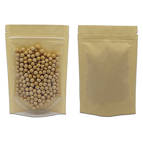 WACCOMT Pack 50 Stück Klar Fornt Braun Kraftpapier Kunststoff Tasche Reißverschluss Stand Up Pouch Wiederverschließbar Kaffee Lebensmittel Lagerung Verpackungsbeutel 12x20cm (4.7x7.9 inch) von WACCOMT Pack
