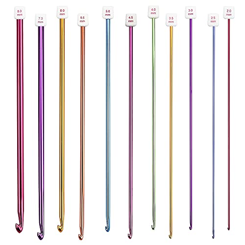 Häkelnadel Set WACH AUF 11 Stück Tunesische Häkelnadel Set, 2 mm-8 mm Multicolor Aluminium Häkelnadeln Set, Afghanische Häkelnadel Set für Anfänger Oder Profis Einfaches Tragen und Benutzen von WACH AUF