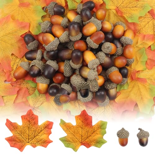 WACH AUF 100Pcs Weihnachten Künstliche Eichelhut (Dunkel+helle Farbe) +100Pcs 2 Farben Simulierte Ahornblätter DIY Dekorative Weihnachts Schaum Natürlicher Eicheln Thanksgiving Dekoration von WACH AUF