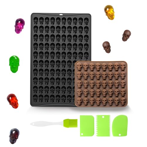 WACH AUF 2 Totenkopf Silikonform(40/100 Vertiefungen) mit Silikonbürste und 3 Schaber Set Silikon Gummy Schädel Süßigkeiten Formen für DIY Halloween Backform Pralinen Kekse Eiswürfel Hundeleckerlies von WACH AUF