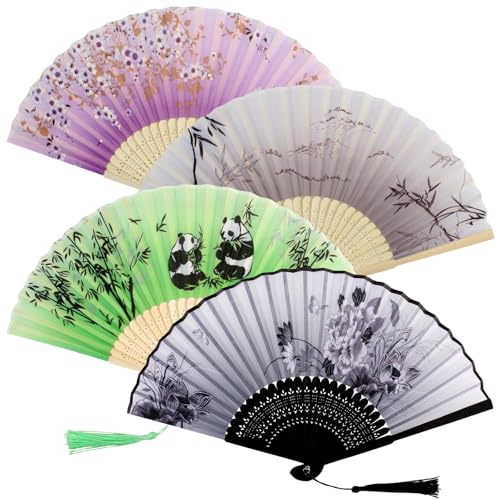 WACH AUF 4 Faltbare Fächer Handfächer mit Quaste Holz Fans Stoff Geschnitzten Handheld Faltfächer Chinesischen Stil Retro Hand Fan Handgefertigter Ausgehöhlten Handfächer für Wanddekoration Geschenke von WACH AUF